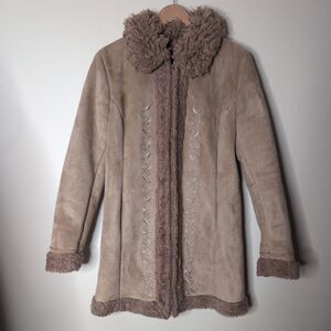 VTG Penny Lane Coat Sz L Boho Festival 90s Y2K Tan Leather Faux Fur Embroidered
